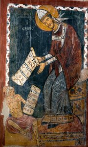 I. Nagy Gergely pápa (540-604) és Szent Gergely Jób tart egy iratot, amelyre latinul az van írva, hogy „Vir erat in terra Hus nomine Job”” (Volt egy ember Husz földjéről, akit Jóbnak hívtak), és Jób „” Nudus egressus sum de utero matris meae”” (Nu I alkotó: Italian School