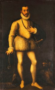 Egy úriember portréja, egész alakos, hímzett fehér sárkányt, köpenyt és kardot visel, 1580 körül alkotó: Italian School