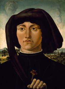 Rózsaszín virágos fiatalember portréja, 1475-85 körül (tempera fán) alkotó: Italian School
