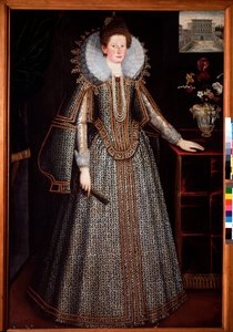 A firenzei előkelő hölgy portréja Derriere a Pitti-palota ábrázolása, gazdagon paree ruhába öltözött, epergallérral charette kerékben (Frencze hölgy portréja kocsikerék-fodorral és gazdagon díszített dr. alkotó: Italian School