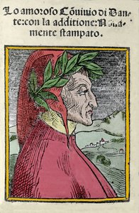 Dante Alighieri (1265-1321) olasz költő portréja. Metszés. Az „Il convivio” homlokzata 1554-ből alkotó: Italian School