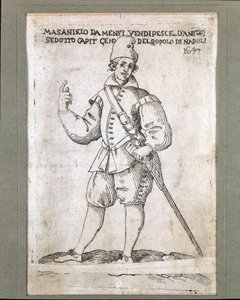A nápolyi halász és forradalmár Masaniello (1623-1647) portréja (Masaniello nápolyi halász és a Habsburg uralom elleni lázadás vezetőjének 1647-es nápolyi portréja) Metszet a 17. századi Museo Nazionale di San Martino Nápolyról alkotó: Italian School