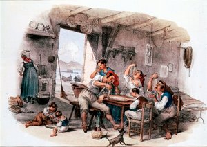 Valószínűleg nápolyi család, aki kézzel makarónit eszik. Névtelen metszet a 19. századról. Római Nemzeti Tésztamúzeum, Agnesi Alapítvány alkotó: Italian School