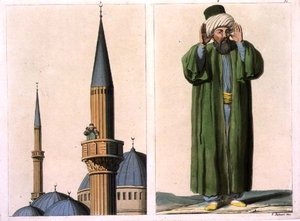 Nyilvános müezzin és részlet, 37. tábla "A nemzetek története" I. kötetének III. részéből, V. Raineri metszete (aquatinta). alkotó: Italian School