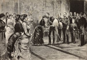 Margherita királynő és I. Umberto átvették Németország koronahercegségét (a leendő III. Frigyes) Quirinale-ban, Rómában, Olaszországban, metszet Dante Paolocci rajzából, a L