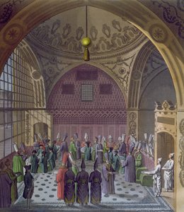 A nyugati nagykövetek fogadása a szultán nagyvezírje által Konstantinápolyban, 1820 körül (színes metszet) alkotó: Italian School