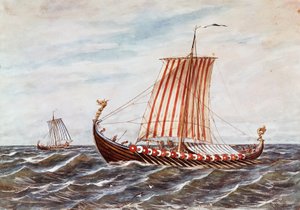 10. századi viking csónakok rekonstrukciója (színes litó) alkotó: Italian School