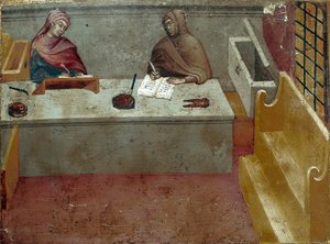Camerlingvist ábrázolása, egy másoló asszisztense Névtelen festmény egy Biccherna fára (Siena város számviteli nyilvántartásának borítója) 1388. Siena Archivio di Stato, Olaszország alkotó: Italian School