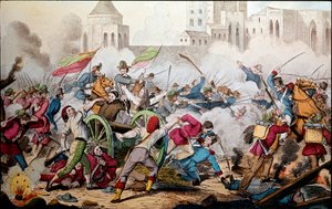 Risorgimento: Palermói harcok 1860. május 26-án. Ezer expedíció (pirosingesek). Giuseppe Garibaldi (1807-1882) Palermo és a lázadó nép között csatlakozott hozzá, hogy megküzdjön a nápolyi Bourbon királyság katonái ellen. 19. sz. metszete alkotó: Italian School