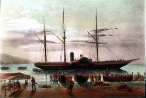 Risorgimento: Giuseppe Missori, Giuseppe Garibaldi hadseregének tisztje (1807-1882) 1860. augusztus 8-án indul Messina detroitjában a Villa San Giovanni erőd felé. századi illusztráció alkotó: Italian School