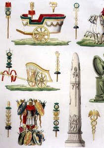 Római szekerek, trófeák és katonai emlékművek, a 20. tábla részlete, „A nemzetek története” I. részének 5. osztálya, Marco Comirato (kb. 1800-69) metszet (akvatinta) (lásd még: 93291) alkotó: Italian School