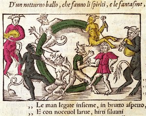 Szombati szertartás boszorkányokkal. Olaus Magnus (1490 - 1557) svéd vallás- és földrajztudós metszete, „Historia de Gentis Septentrionalibus”, Velence alkotó: Italian School