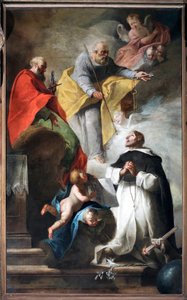 „Szent Domonkos átveszi a pelerin botot és a „Vade et predica” feliratú könyvet, Szent Péter és Pál kezéből” Festmény a 18. századi velencei iskoláról (Szent Domonkos megkapja a sétabotot és a könyv az i-vel alkotó: Italian School