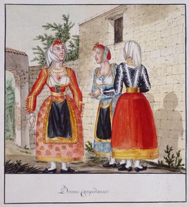 Szardíniai nők jelmezben Campidanoból, nyomtatott ms.258, Luzzetti Collection alkotó: Italian School