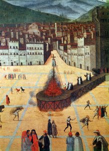 Savonarolát máglyán égették el, Piazza della Signoria, Firenze, a tűz részlete (olaj a panelen) alkotó: Italian School