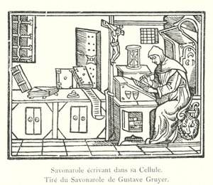 Savonarola írás a cellájában, Gustave Gruyer Savonarolából (metszet) alkotó: Italian School