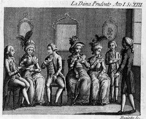 Carlo Goldoni (1707-1793) „” La dama prudente” (A körültekintő feleség) (1751) című képregényének I. felvonásának 13. jelenete. 18. századi metszet alkotó: Italian School