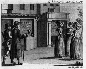 Carlo Goldoni (1707-1793) „” Il ventaglio”” (Az esemény) (1764) című képregény II. felvonásának 4. jelenete. 18. századi metszet alkotó: Italian School
