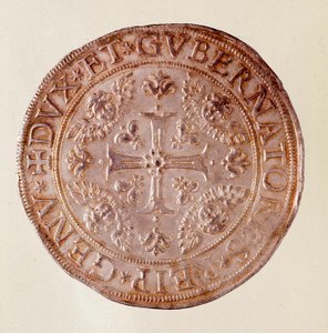 Ezüst érme a Genovai Köztársaságból (Genes) kereszttel. 1670. Átm. 5,8 cm Nápoly, museo archeologico alkotó: Italian School