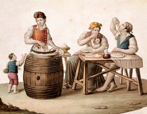Kis nápolyi mesterség: maccheroni árus, mellette egy család az asztalnál, kézzel evett - (Régi szakma: maccheroni árus, olasz tésztát evő vásárlók) A 19. századi Museo Nazionale di San Martino Nápoly akvarellje alkotó: Italian School