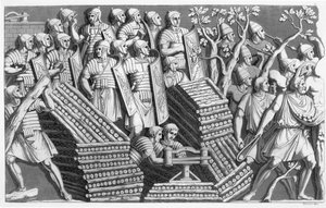 Katonák, esetleg pontonhidat vagy ostromgépet építenek, esetleg a Traianus-oszlopból, a rómaiak szokásaiból, 1800-10 körül (rézkarc és akvatinta) alkotó: Italian School