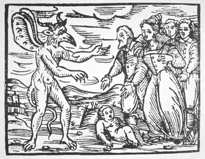 Varázslók, akik gyermeket mutatnak be az ördögnek, M. Guaccius atya Compendium Maleticarum című könyvéből (1608), amely a 19. század végén megjelent mágiatörténetben illusztrált. alkotó: Italian School
