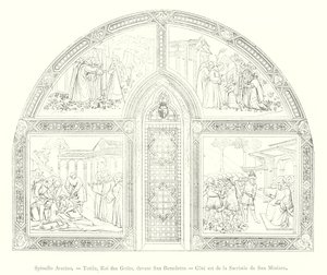 Spinello Aretino, Totila, Roi des Goths, Devant San Benedetto, Cote est de la Sacristie de San Miniato (metszet) alkotó: Italian School