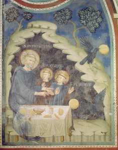 Szent Benedek megparancsolja egy hollónak, hogy vigye el a mérgezett kenyeret (freskó) alkotó: Italian School