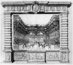 Giacomo Torelli (1608-78) színpadi terve az 1645-ben a párizsi Petit Bourbon Színházban bemutatott la Finta Pazza számára, 1654 alkotó: Italian School