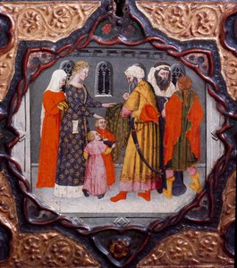 Tizedik nap, kilencedik hír: Messer Torello és Szaladin (1138-1193) napja (Salah al Din Yusuf al-Ayyubi (al Ayyubi). Giovanni Boccaccio (Jean Boccaccio) (1313-1375) "Dekameronját" ábrázoló festett doboz 15. század Firenze, Museo Nazionale del Ba alkotó: Italian School