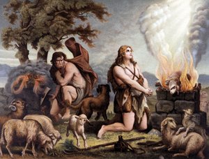 A Bárány imádása (Káin és Ábel) – Cain és Abel (bárány feláldozása) a "Golden Classic Bible: Az isteni kinyilatkoztatás története az ókori és új feszültségben" című könyvében, Giovanni Ladislao Sykora (1. köt.), fordította Don Clemente Benetti. (Olaszorszá alkotó: Italian School