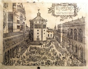 A Bika lakoma a Cremone (Cremona) Nagy téren Olaszországban. Metszet a 16. századi Cremonáról, Museo Civico Italy alkotó: Italian School