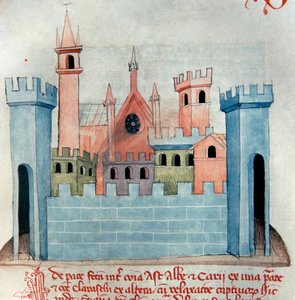 Cherasco városa (Querasque) Olaszországban, Piemont államban, Coni tartományban. A középkori város temploma és fala és erődtornya. Codex Astensis vagy Malabayla oldala. 13. századi miniatűr. Asti, Archivio Storico Comunale alkotó: Italian School