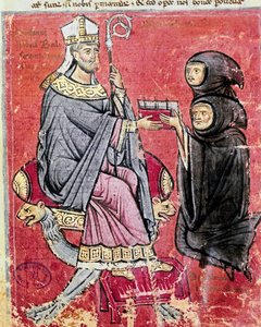 Benedetto da Bari szerzetes (a fiatalokat és az időseket képviseli, jelezve, hogy munkája megírása egész életét megviselte) átadta Balsamo apátnak (13. század), a cava de tirreni bencés apátság vezetőjének, a De Septem Sigillis kódexet Újra alkotó: Italian School
