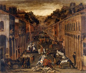 Az 1630-as pestisjárvány Bolognában. festék.Egy bolognai bank ingatlana alkotó: Italian School