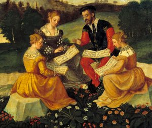 Az olasz iskola festészete című énekhangverseny. 16. század. Bourges, Hotel Lallemant – A bukolikus koncert. Az olasz iskola festménye. 16. század. Hotel Lallemant, Bourges, Franciaország alkotó: Italian School