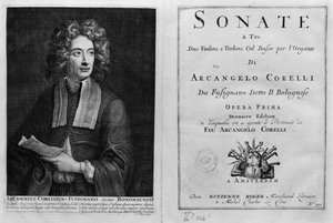 A Sonate a Tre címlapja Arcangelo Corelli (1653-1713) portréjával alkotó: Italian School