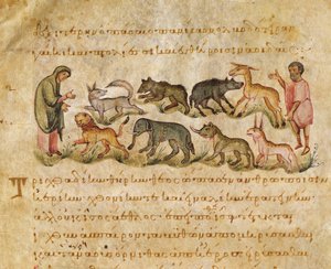 Értekezés a földön élő számos állatfajról, Oppianus illusztrációja a Cynegeticából (tempera pergamen) alkotó: Italian School