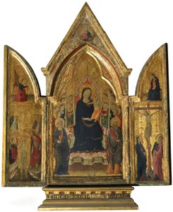 Triptichon: Szűz Mária és gyermeke szentekkel, angyalokkal és a keresztre feszítéssel alkotó: Italian School