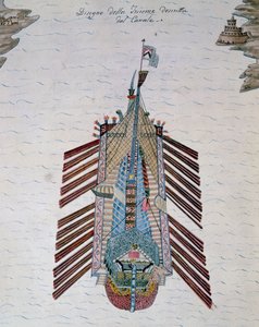 Trireme (hajó három evezőparttal), a tengeri milíciáról szóló értekezésből, a Cristoforo-csatorna mellett (1510-1562), Olaszország alkotó: Italian School