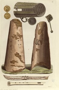 Különféle viking műtárgyak: bronz karkötő, aranyérem rovásírásos ábécével, pajzsok, furulyák. V. Raineri illusztrációja a „Le costume ancien ou moderne” című művéből J. Ferrario, Milano, c. 1820 (színes litó) alkotó: Italian School