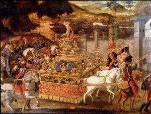 Lucius Aemilius Paullus vagy Paul Emile makedón győzelme (kb. i. e. 230-160) Persee macedón király felett A körmenet és a diadalszekér részlete. A 15. századi firenzei iskola festménye. Párizs, Musee Jacquemart Andre alkotó: Italian School