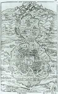 Kilátás az azték Tenochtitlan város északi felőli oldaláról, Giovanni Battista Ramusio (1485-1557) 1606-ban Velencében megjelent Relatione della Citta del Temistitanból alkotó: Italian School