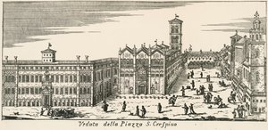 Kilátás a Piazza San Crispinóra és a ferrarai katedrálisra, metszet, Olaszország alkotó: Italian School