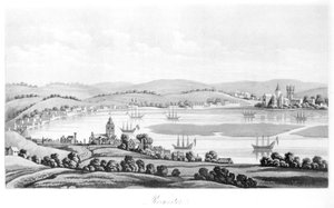 Rochester látképe 1669-ben, III. Cosimo (1642-1723) Toszkána nagyhercegének utazásaiból Anglián keresztül II. Károly uralkodása alatt, angol fordítás, 1821-ben megjelent alkotó: Italian School