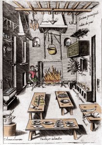 Kilátás a konyhára. Metszet az „Operából”, 6 részre osztott gasztronómiai könyv, Bartolomeo Scappi, V. Pius pápa velencei szakácsa. alkotó: Italian School
