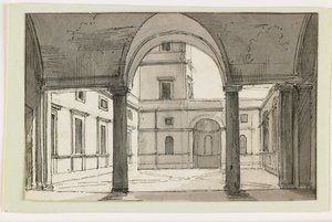 Kilátás egy olasz oszlopcsarnokra és udvarra, 19. század eleje (toll és barna tinta és szürke mosás fekete krétán) alkotó: Italian School