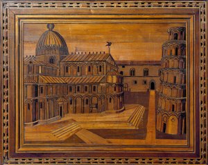 Kilátás a pisai katedrálisra (Duomo di Santa Maria Assunta di Pisa) és a ferde toronyra (Torre medál) a Csoda téren (Piazza dei Miracoli) 15. századi intarzia. A pisai székesegyház presbitériumában őrizték alkotó: Italian School