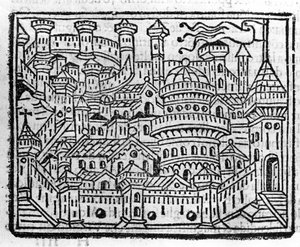 Kilátás az olaszországi Aosta városára. Fra Jacopo Filippo Foresti, velencei metszet a krónikák „mellékletébe” alkotó: Italian School
