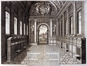 Michele Mercati (1541-1595), a Vatikáni Botanikus Kert gondnoka múzeumának kilátása. Metszet a „Metallotheca...” Rómától 1717-1719 alkotó: Italian School
